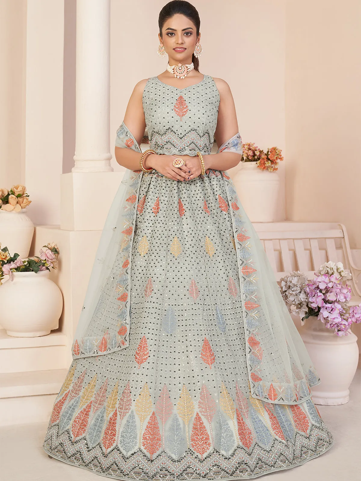 Grey Net Embroidered Semi stitched Lehenga With Unstitched blouse