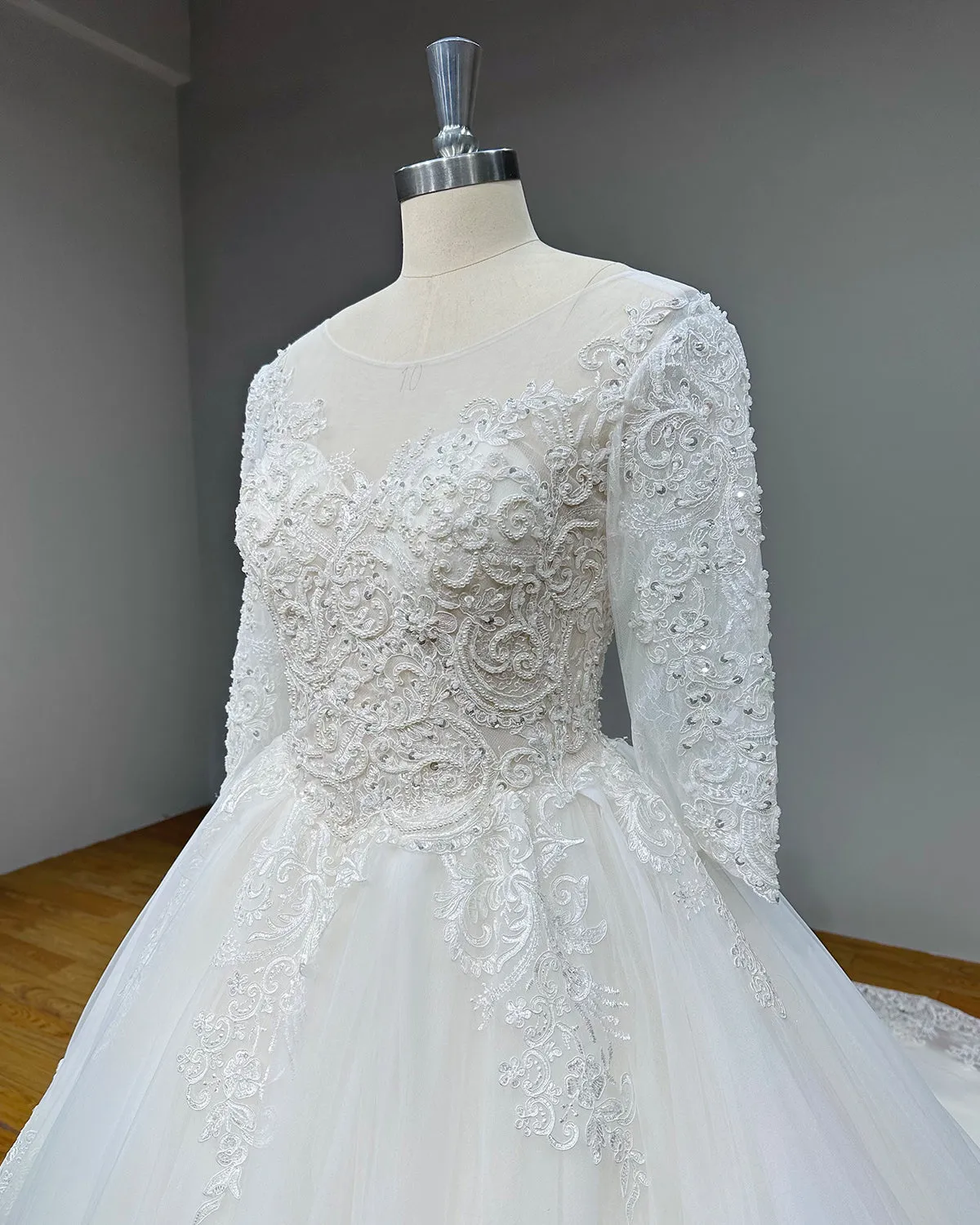 Half Sleeve Ball Gown Wedding Dress with Pearls Appliques and Corset Back