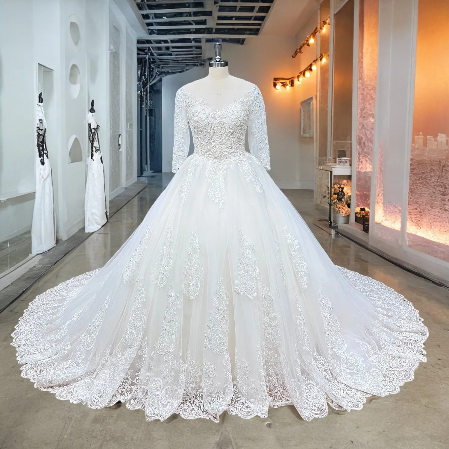 Half Sleeve Ball Gown Wedding Dress with Pearls Appliques and Corset Back