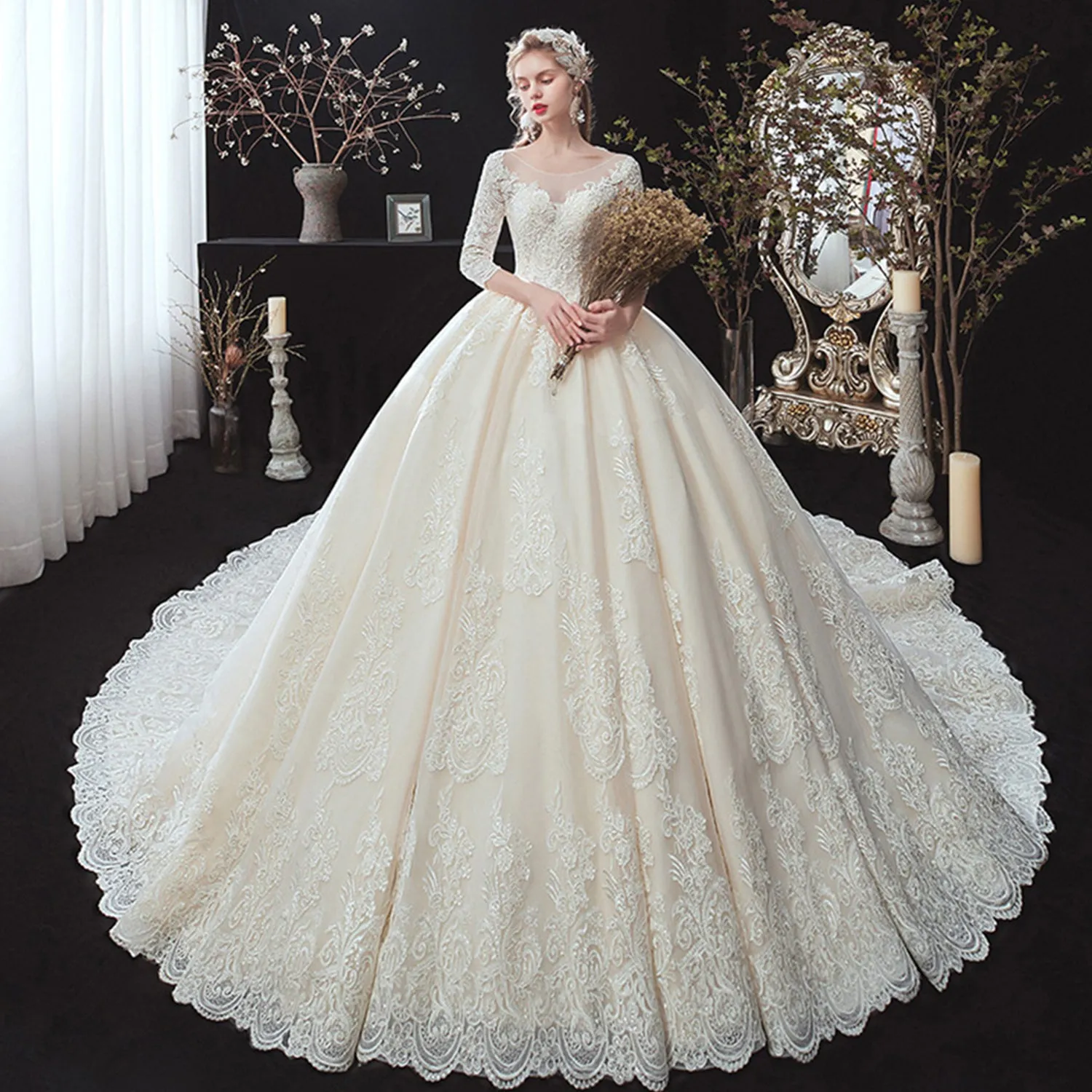 Half Sleeve Ball Gown Wedding Dress with Pearls Appliques and Corset Back