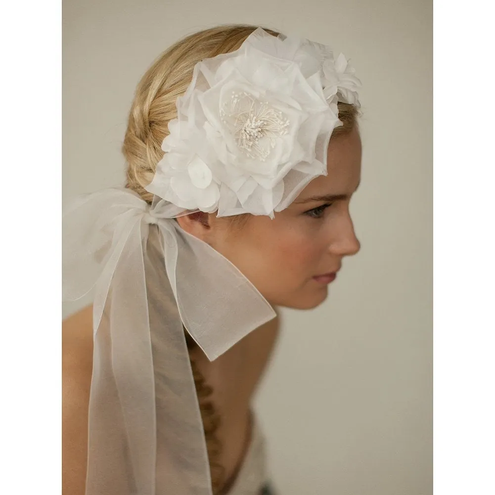 Handmade Ivory Silk Flower Bridal Headband with Wide Sheer Ribbon