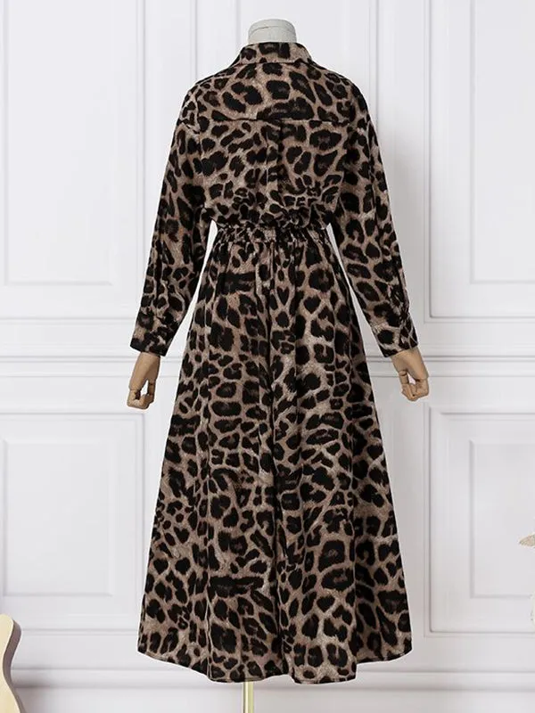 High Waisted Long Sleeves Buttoned Leopard Lapel Maxi Dresses