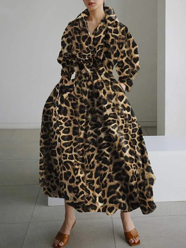 High Waisted Long Sleeves Buttoned Leopard Lapel Maxi Dresses