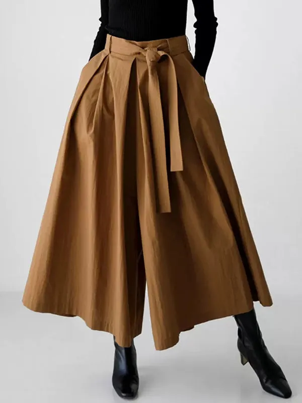 High Waisted Loose Pleated Solid Color Tied Waist Wide Leg Pants Trousers