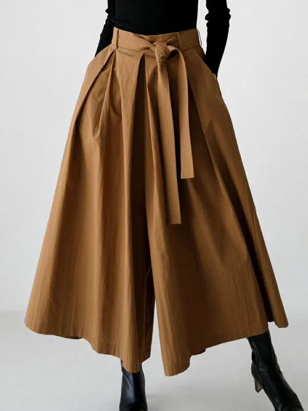 High Waisted Loose Pleated Solid Color Tied Waist Wide Leg Pants Trousers