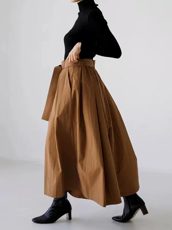 High Waisted Loose Pleated Solid Color Tied Waist Wide Leg Pants Trousers