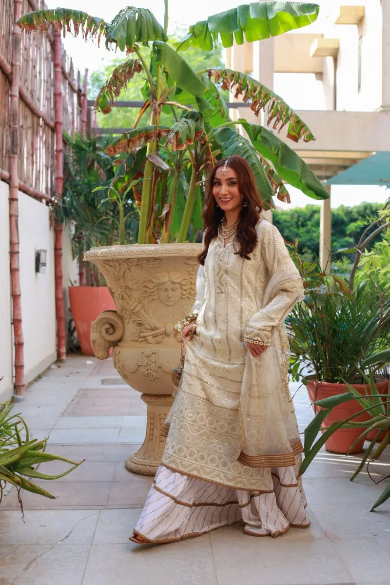 Huma Adnan - Shaan - White - Chiffon , Crushed Silk & Cotton Net - 3 Piece