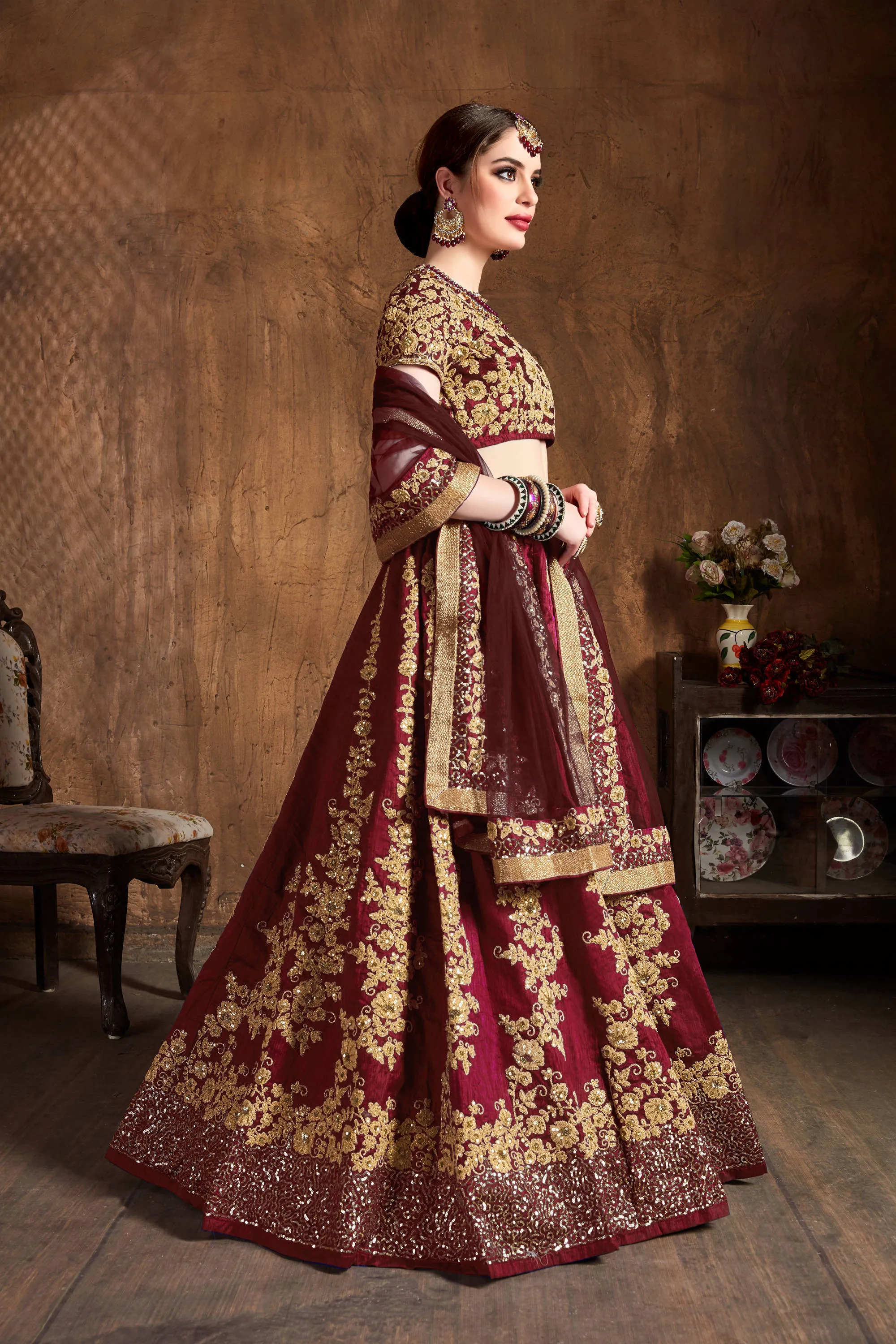 Impressive Maroon Dori Embroidery Raw Silk Wedding Lehenga Choli