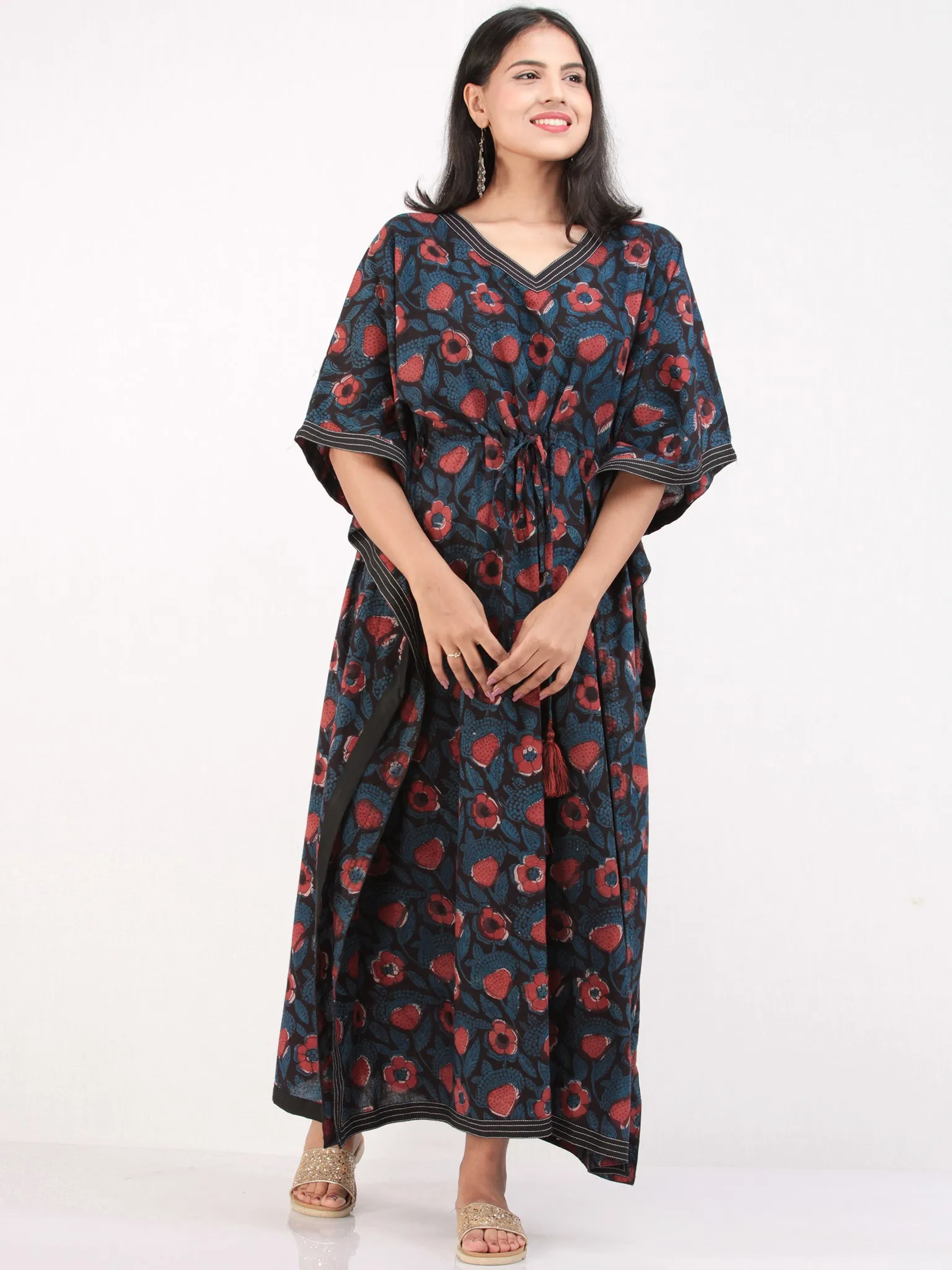 Indigo Maroon Black Hand Block Printed Kaftan - K160F1220