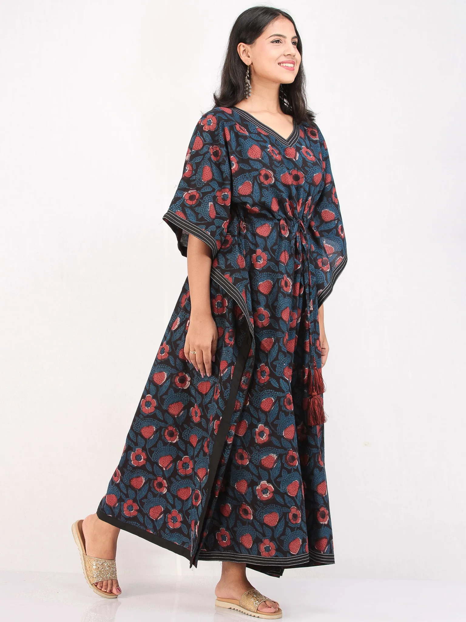 Indigo Maroon Black Hand Block Printed Kaftan - K160F1220