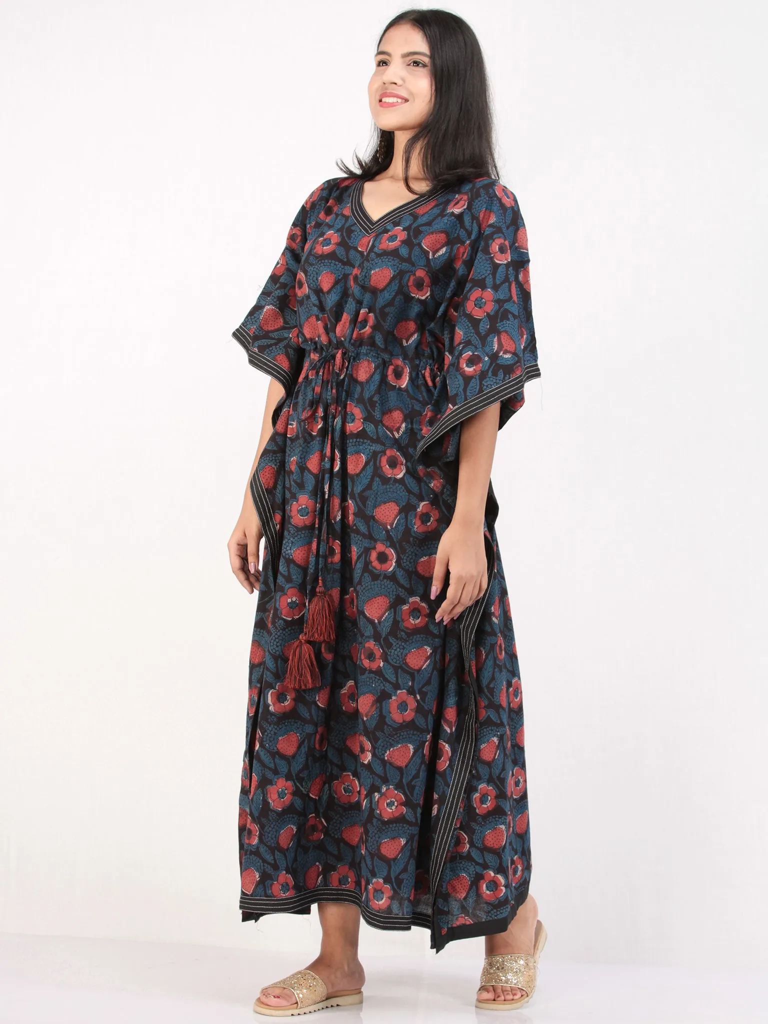 Indigo Maroon Black Hand Block Printed Kaftan - K160F1220