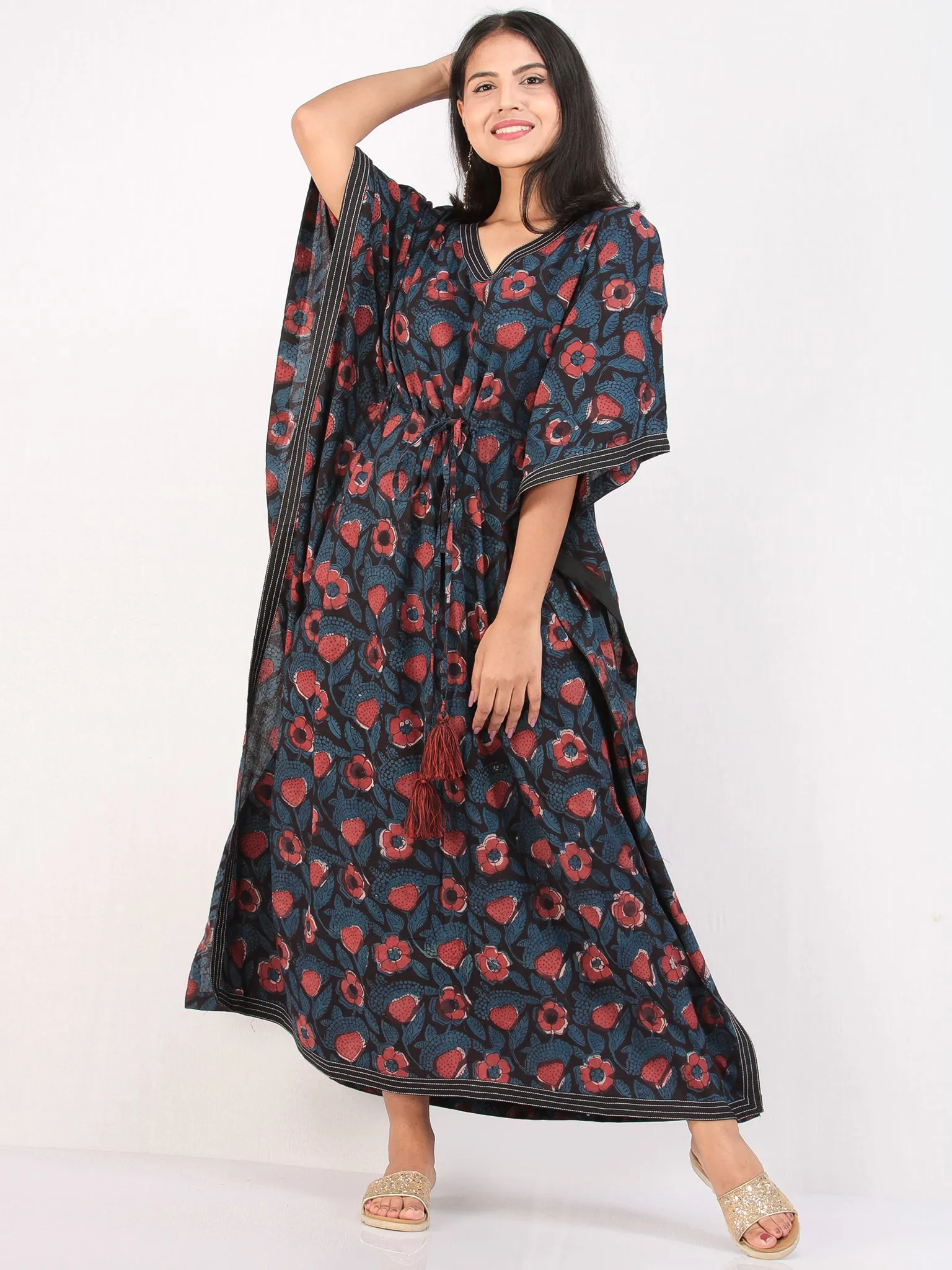 Indigo Maroon Black Hand Block Printed Kaftan - K160F1220