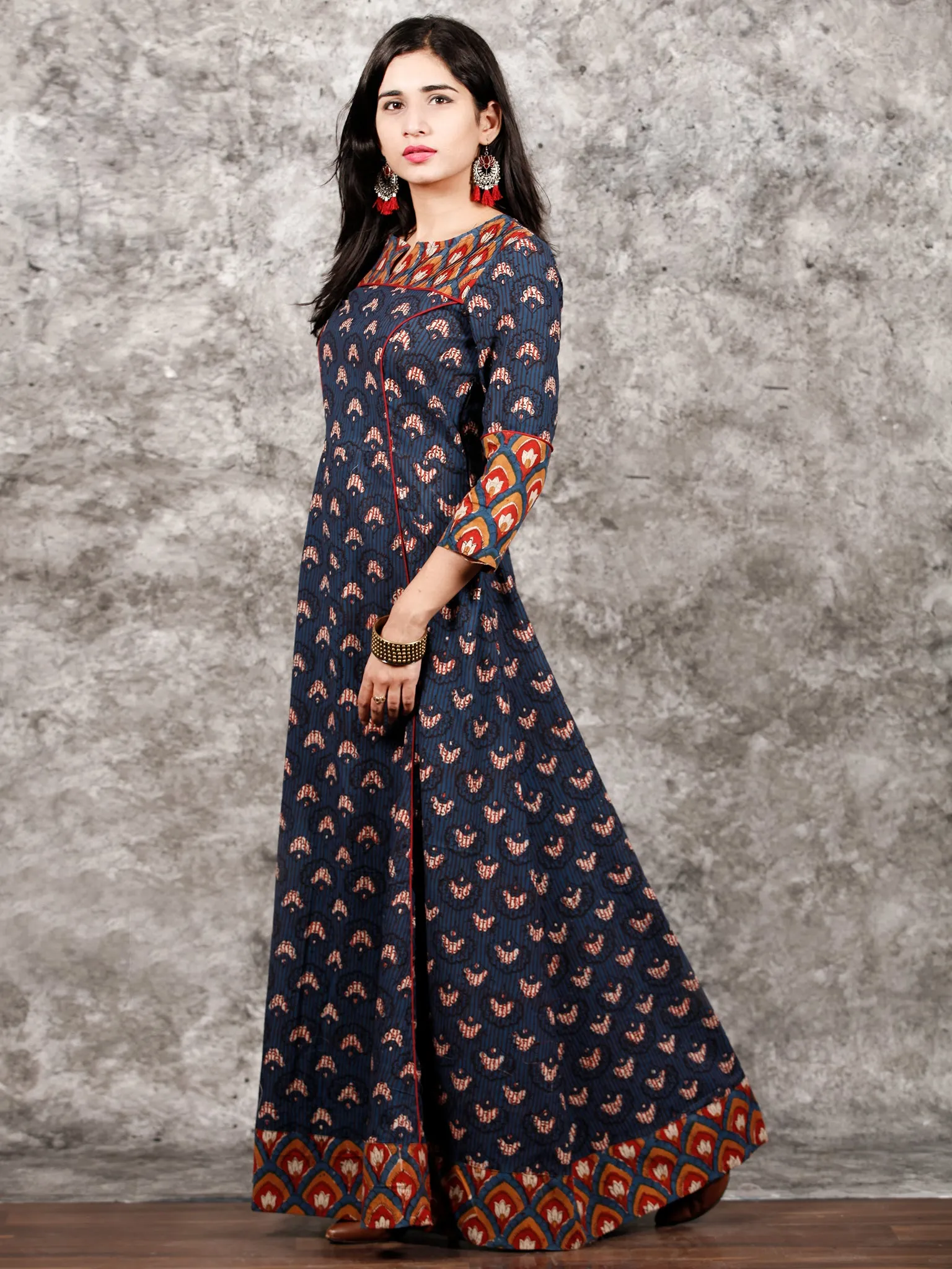 Indigo Mustard Red Hand Block Printed Long Cotton Dress With Pin tucks Details  - D186F998