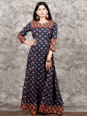 Indigo Mustard Red Hand Block Printed Long Cotton Dress With Pin tucks Details  - D186F998