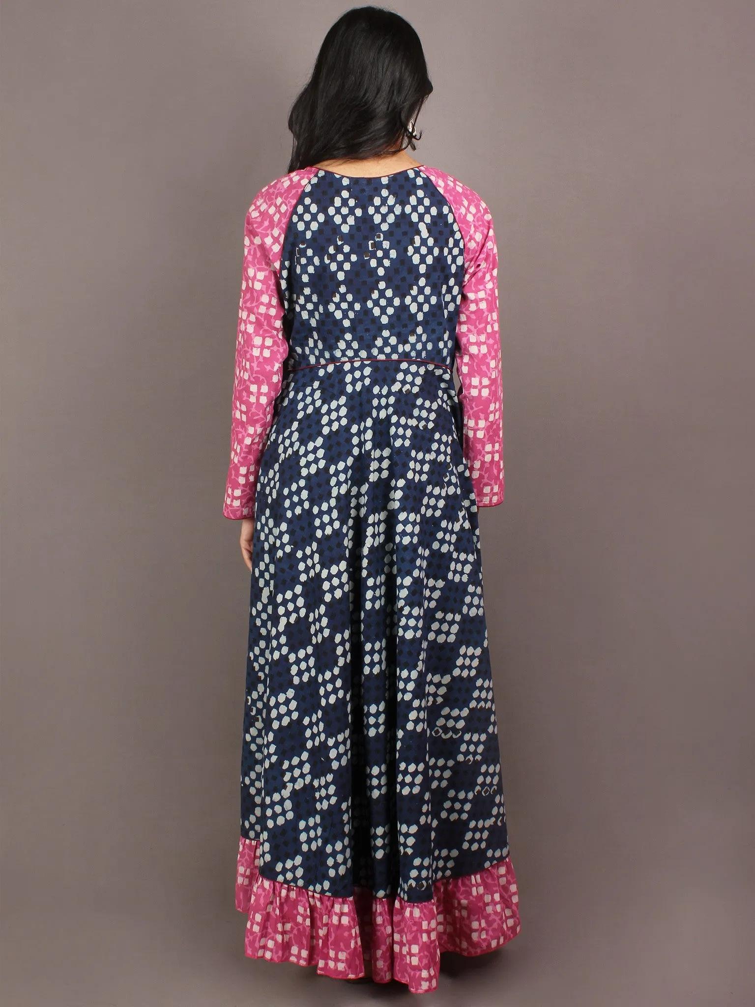 Indigo Pink Black White Hand Block Printed Long Cotton Dress With Gather - D0639015