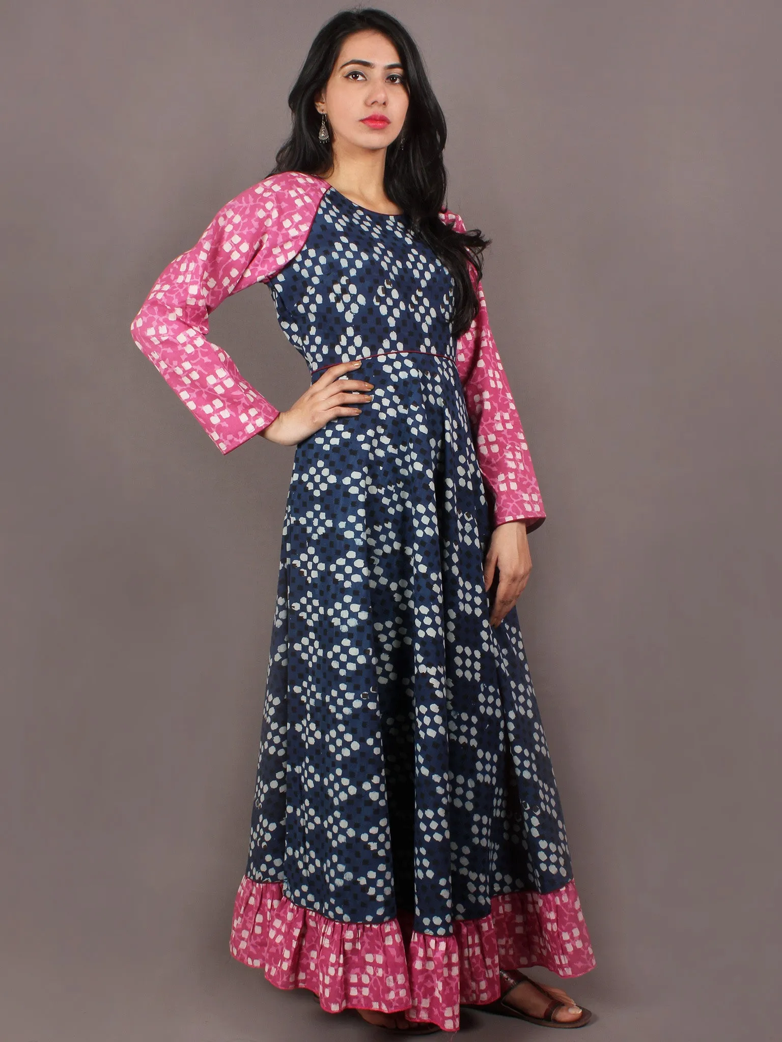 Indigo Pink Black White Hand Block Printed Long Cotton Dress With Gather - D0639015