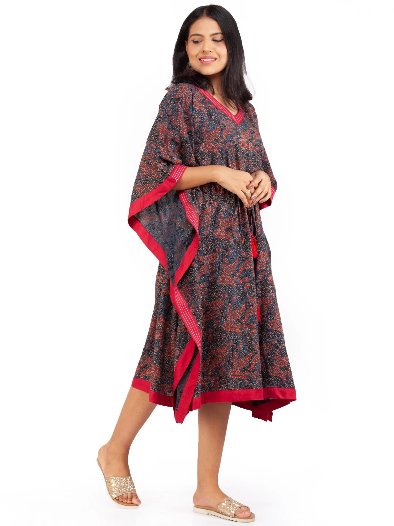 Indigo Red Ajrakh Hand Block Printed Kaftan - K142F1803