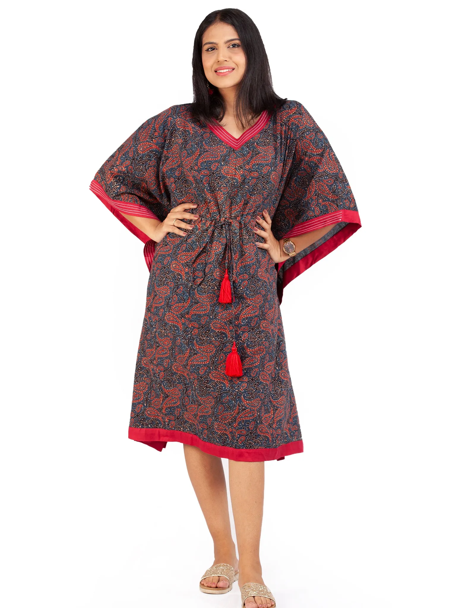 Indigo Red Ajrakh Hand Block Printed Kaftan - K142F1803