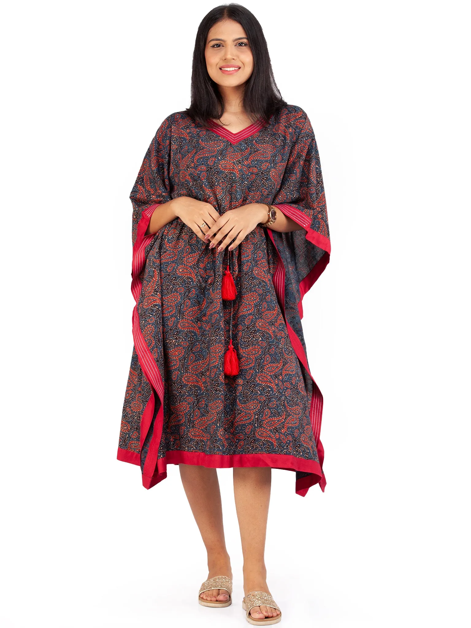 Indigo Red Ajrakh Hand Block Printed Kaftan - K142F1803