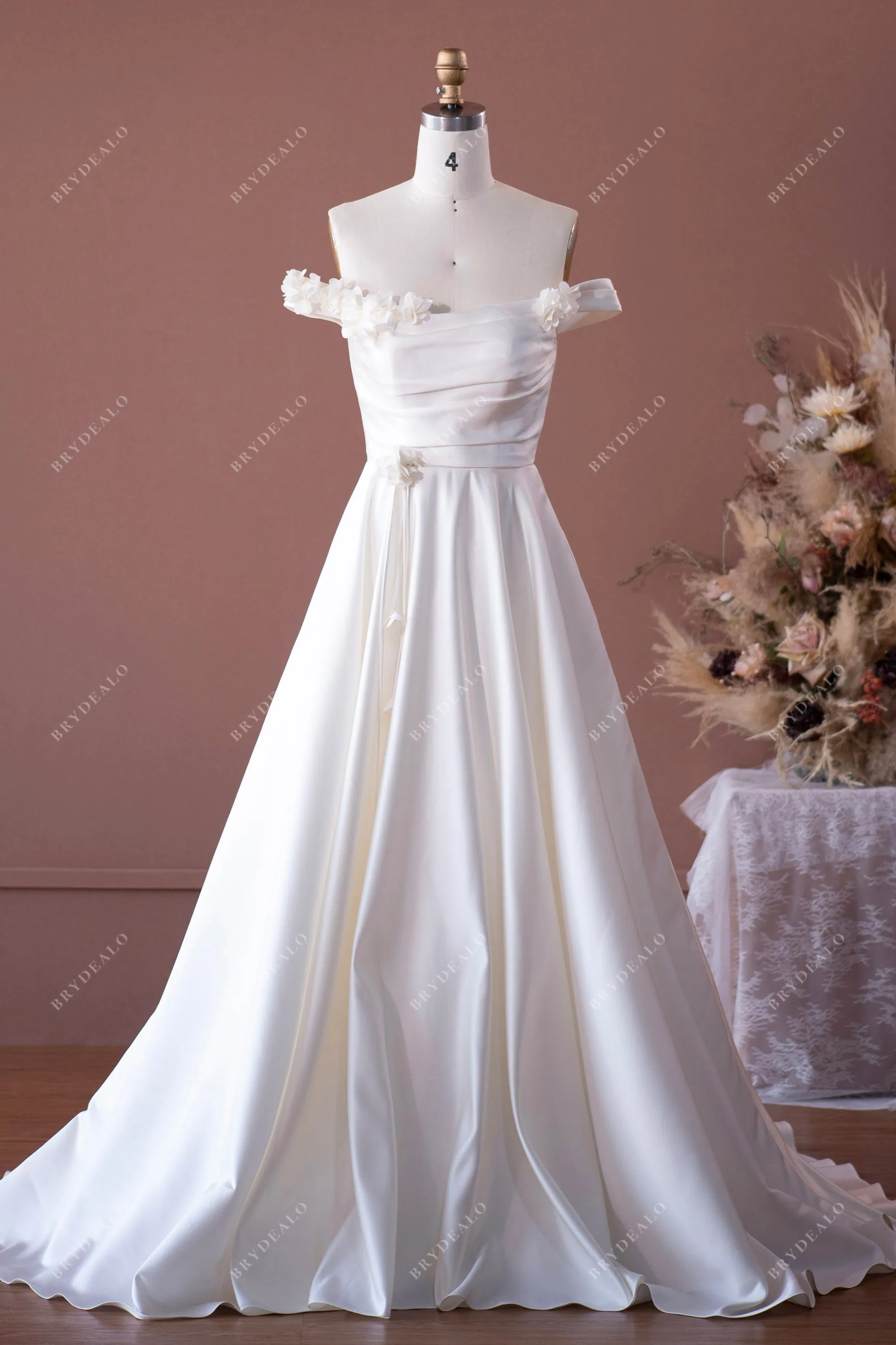 Ivory Timeless Off-shoulder Flower Pleated Satin A-line Wedding Dress