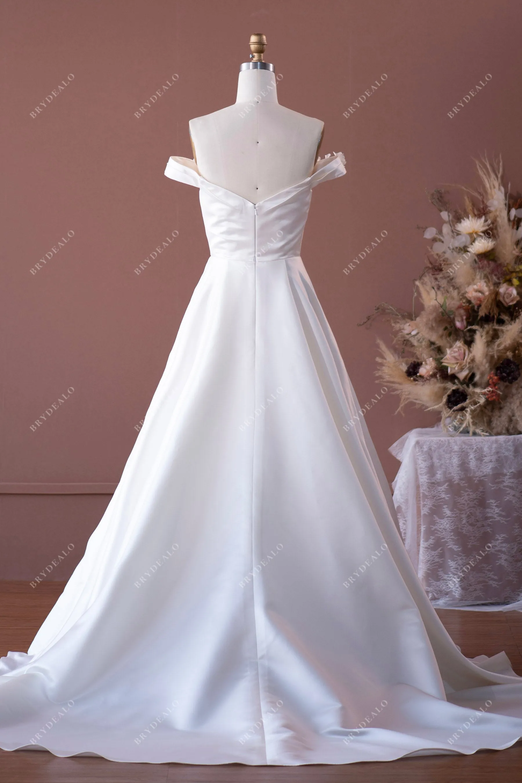 Ivory Timeless Off-shoulder Flower Pleated Satin A-line Wedding Dress