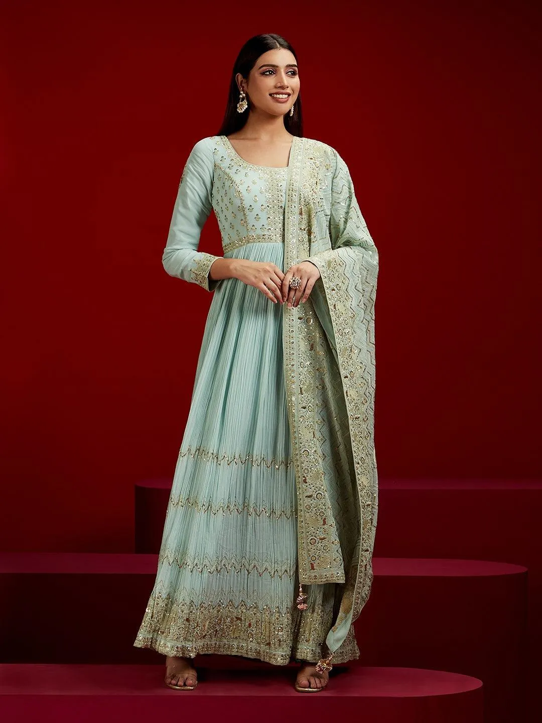 Jashvi Art Sea Green Yoke Design Georgette A-Line Kurta With Trousers & Dupatta