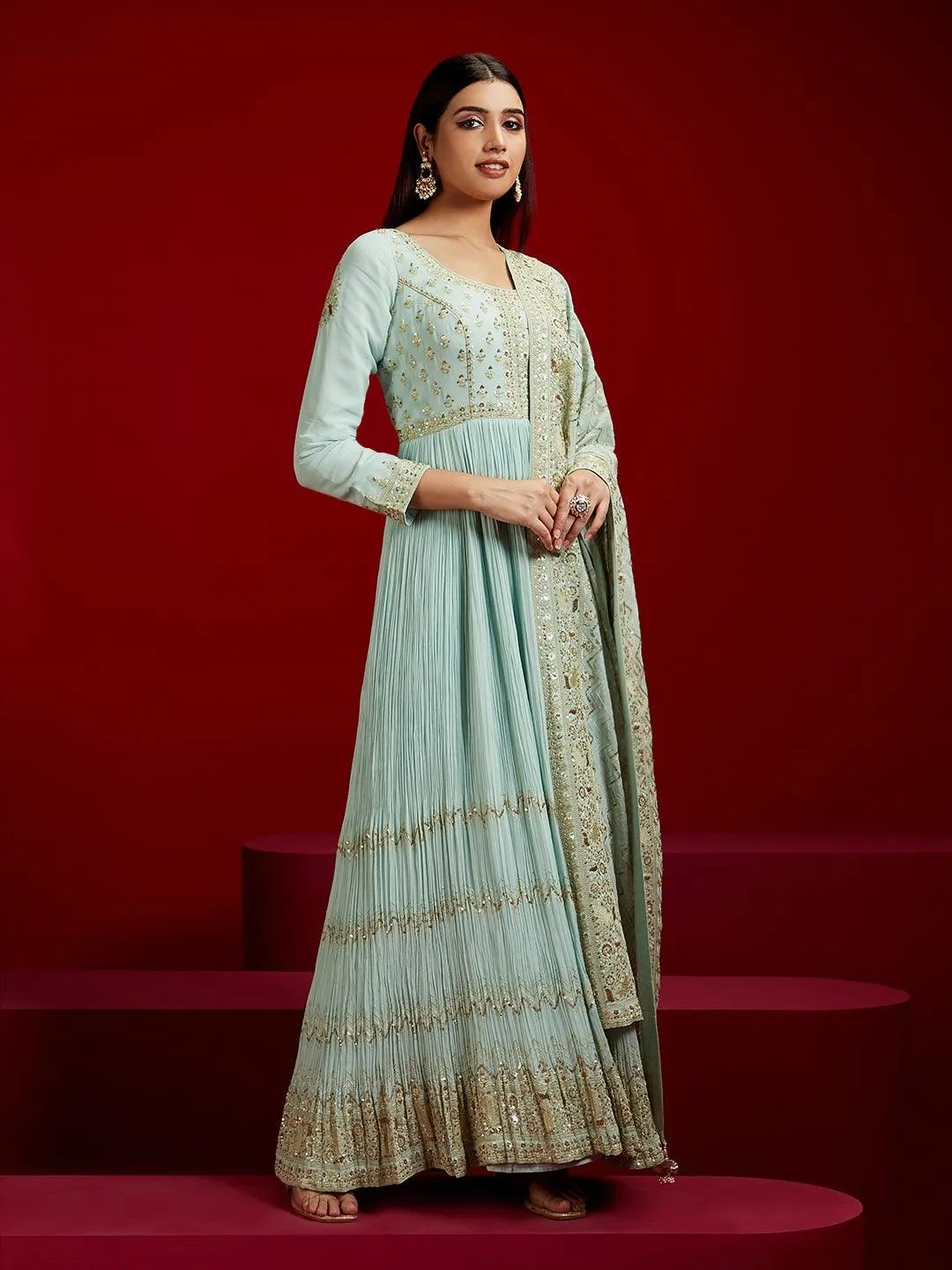 Jashvi Art Sea Green Yoke Design Georgette A-Line Kurta With Trousers & Dupatta