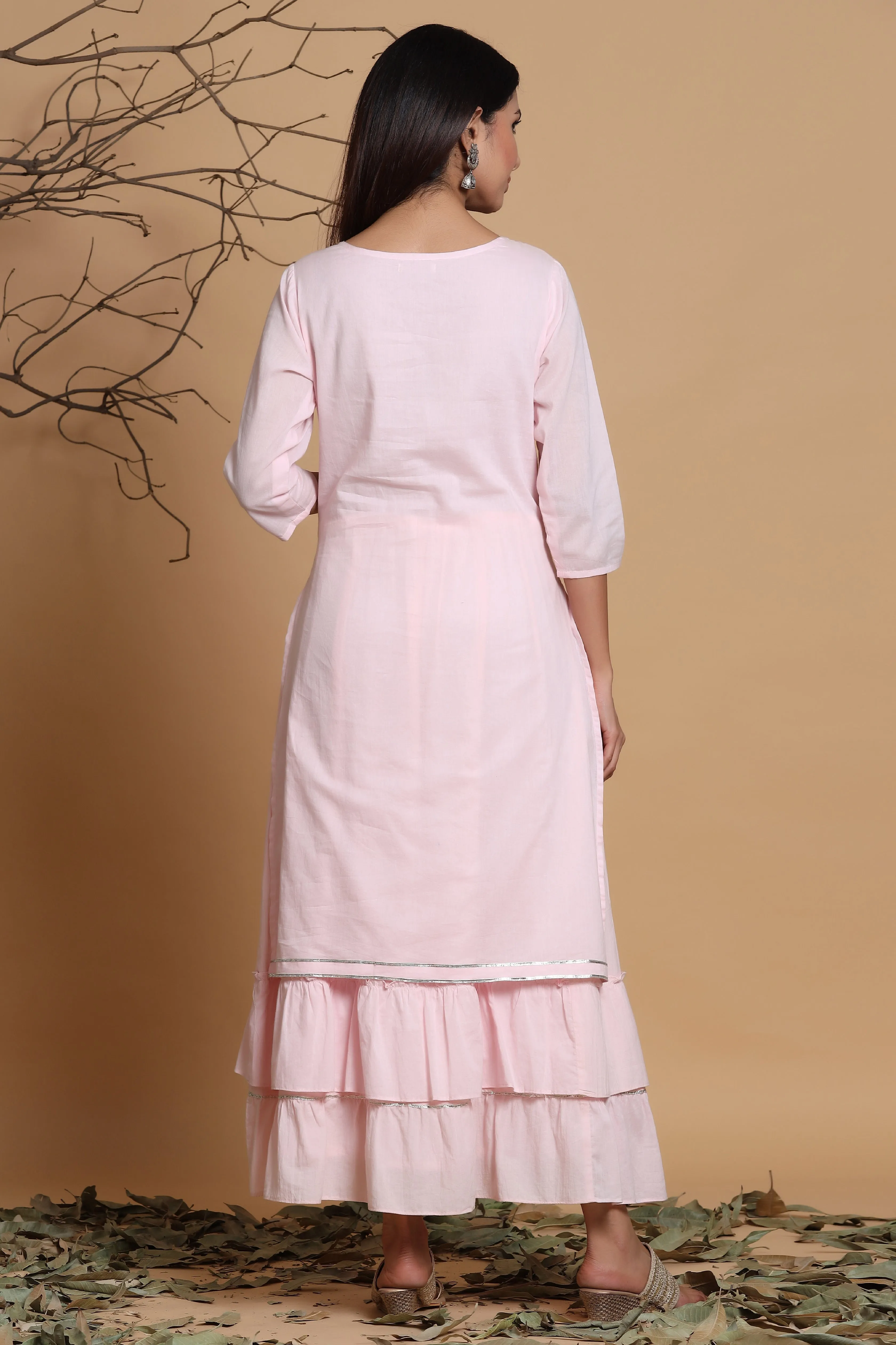 Jashvi Pink Cotton Embroidered Layered Maxi Dress With Dori Tassels