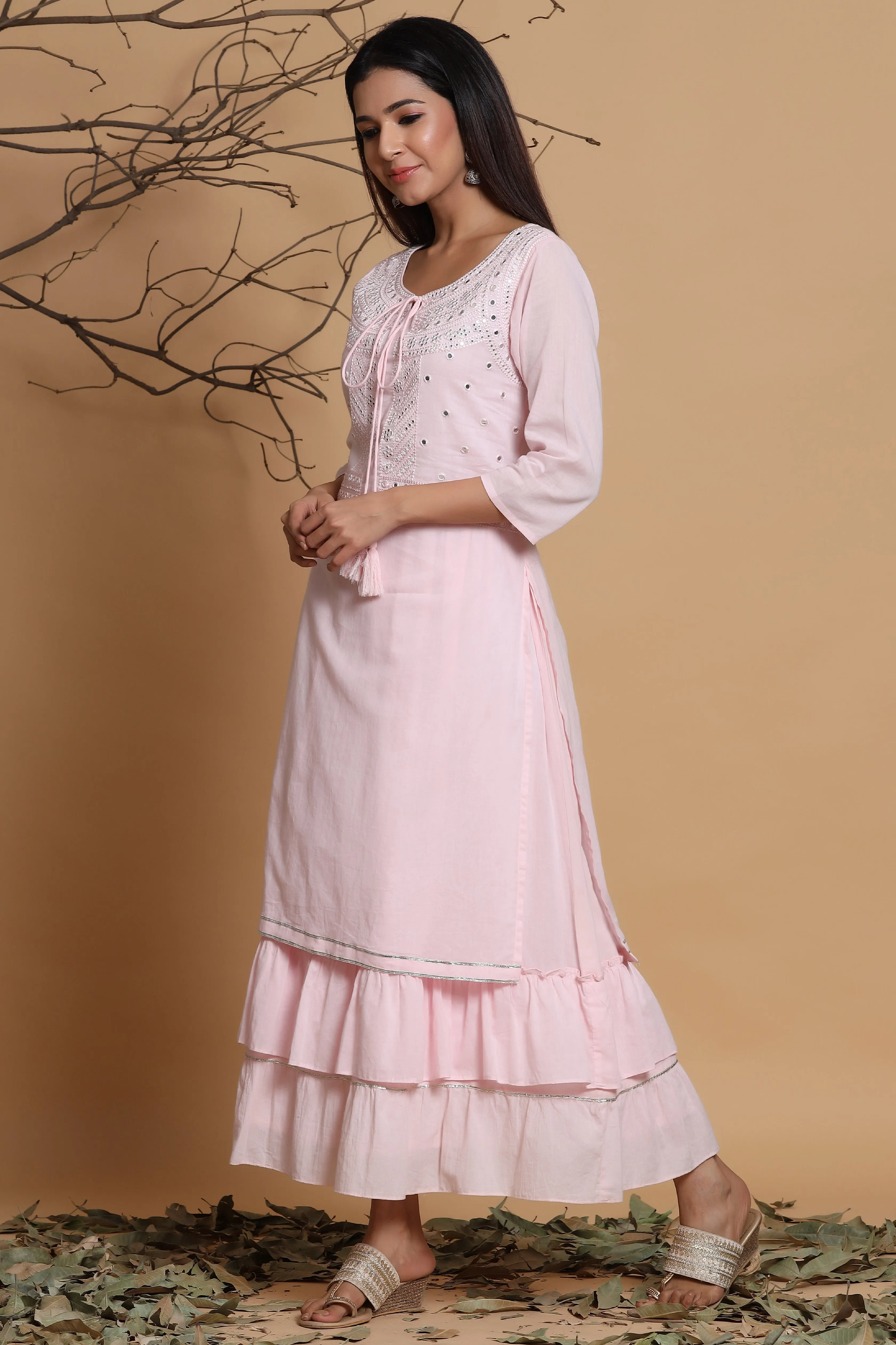 Jashvi Pink Cotton Embroidered Layered Maxi Dress With Dori Tassels