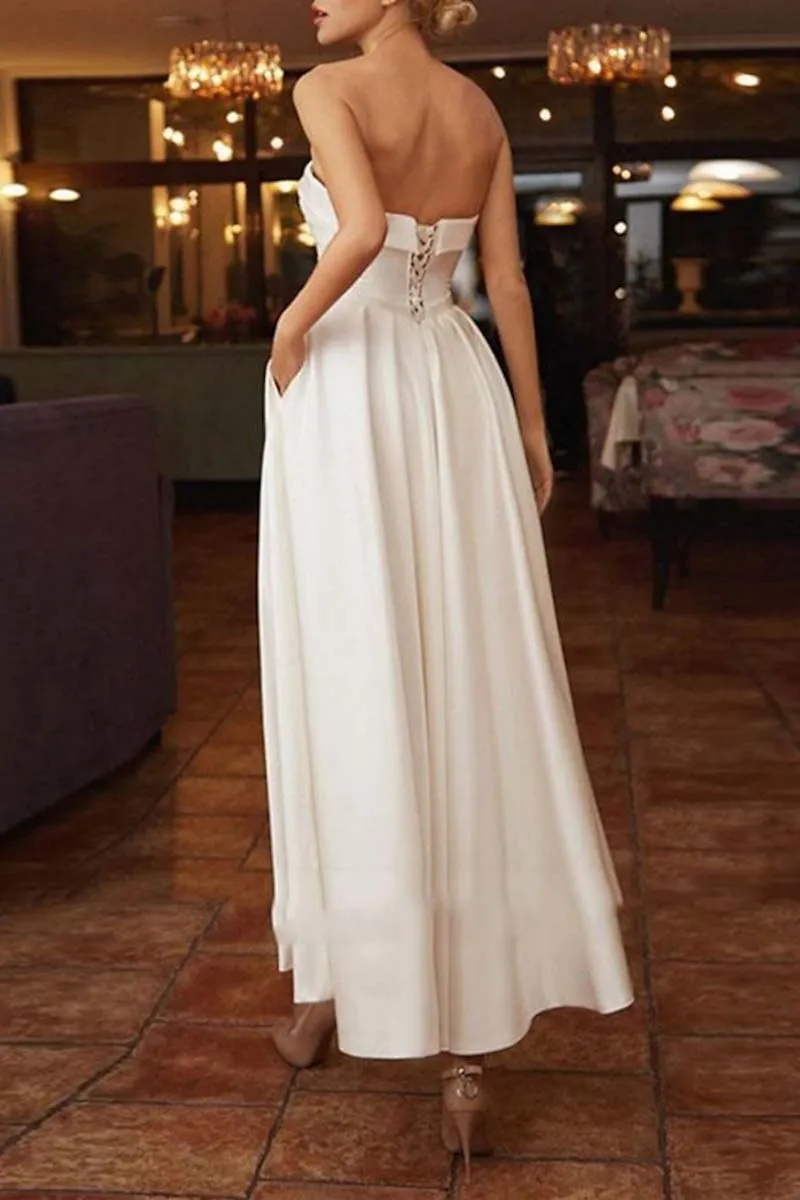 K1326 - Summer Strapless Sleeveless Ruched Satin A-Line Midi Wedding Dress