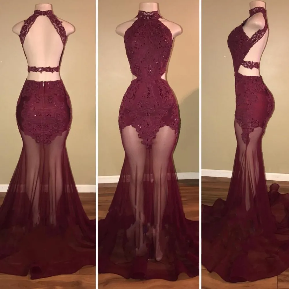 kamahe Burgundy Sheer-Tulle Lace-Appliques High-Neck Mermaid Prom Dresses