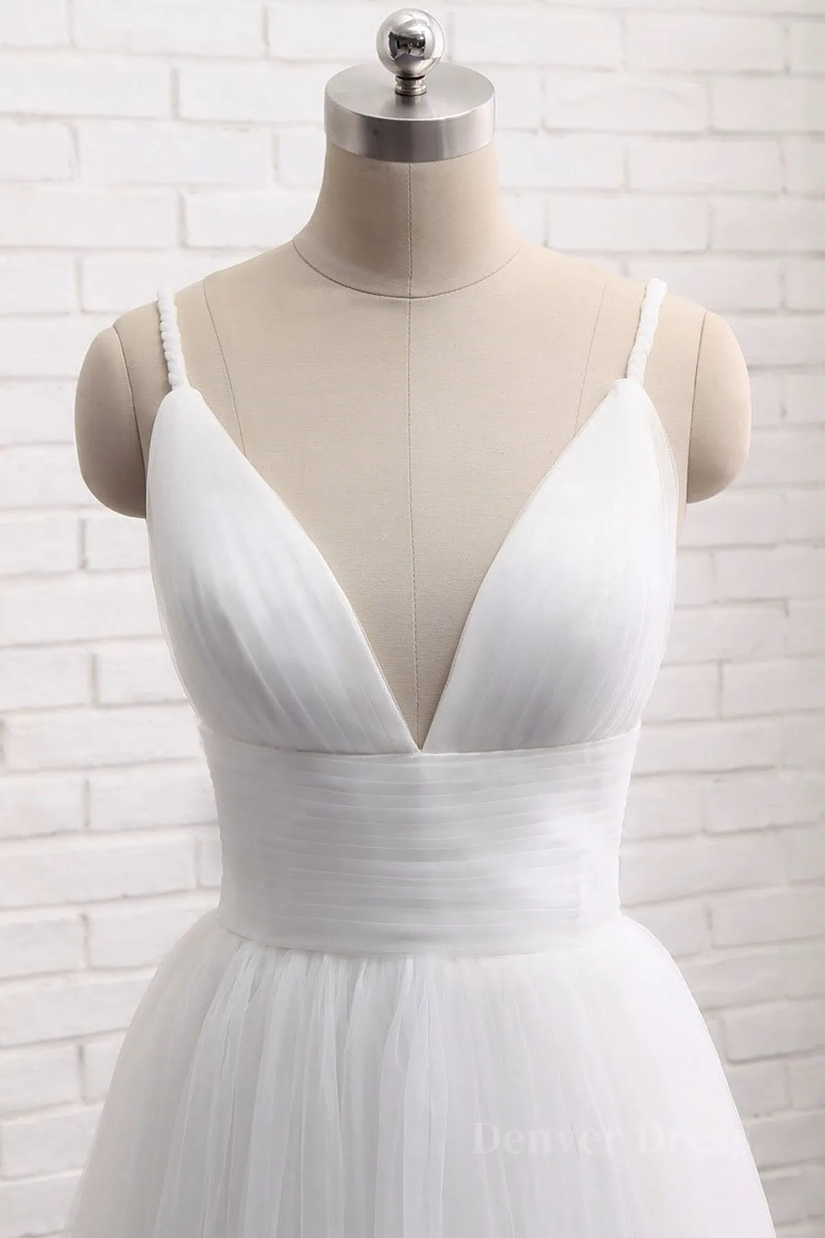 kamahe Simple A Line V Neck White Wedding Dresses, V Neck White Tulle Prom Formal Dresses