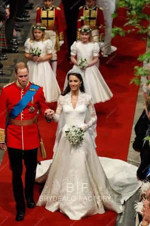 Kate Middleton Timeless V-neck Lace Long Train Royal Wedding Dress