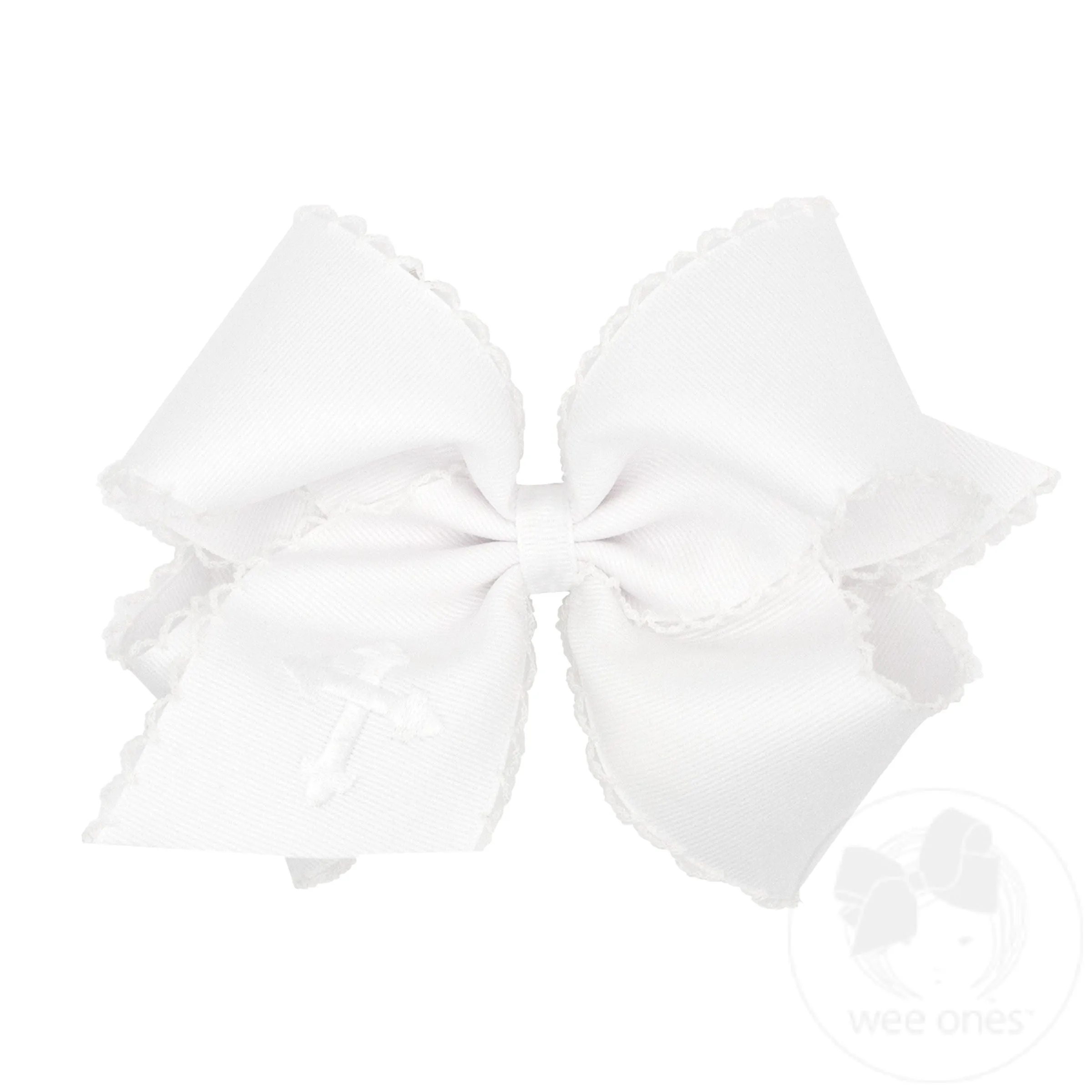 King White Grosgrain Hair Bow with Moonstitch Edge and Cross Embroidery	on Tail