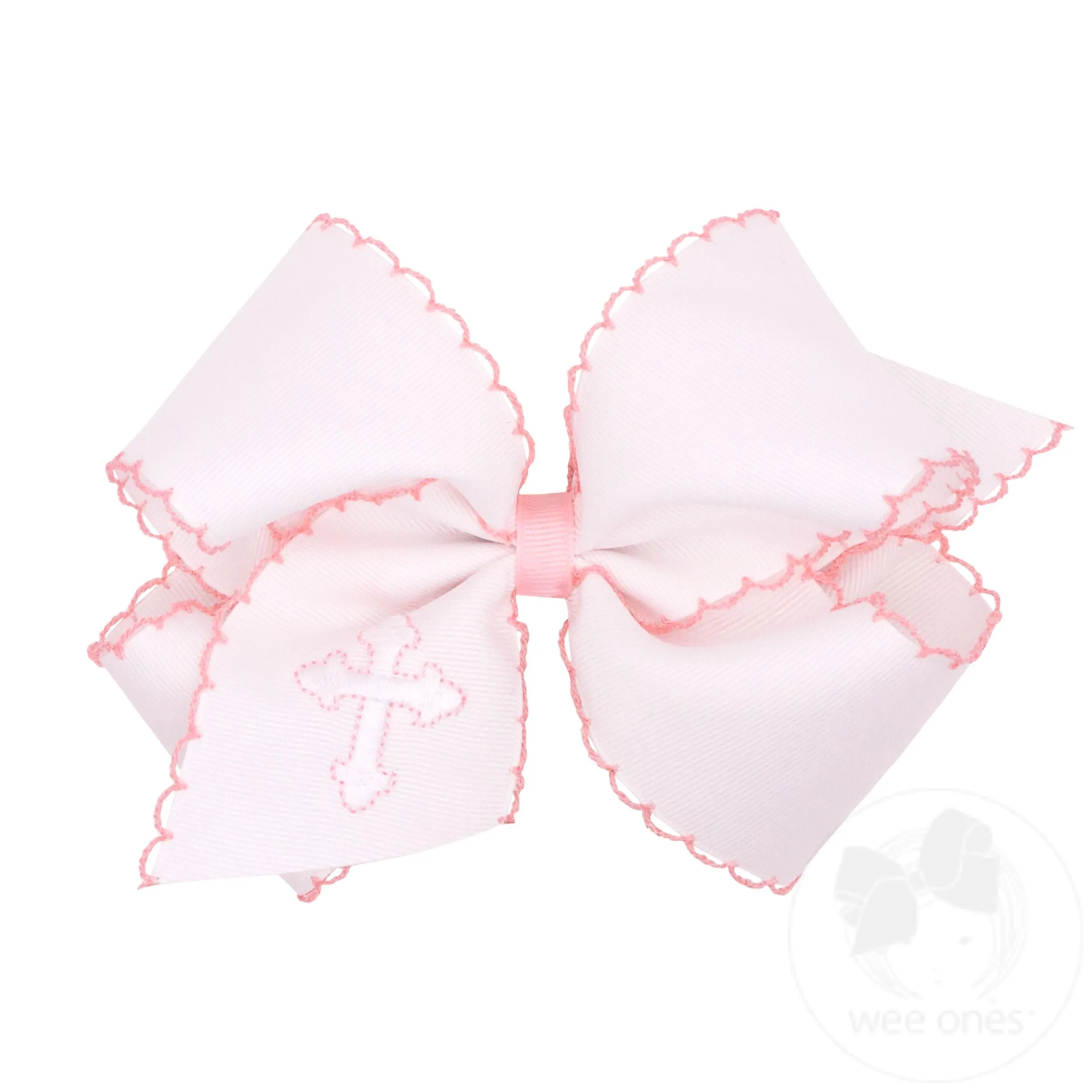 King White Grosgrain Hair Bow with Moonstitch Edge and Cross Embroidery	on Tail