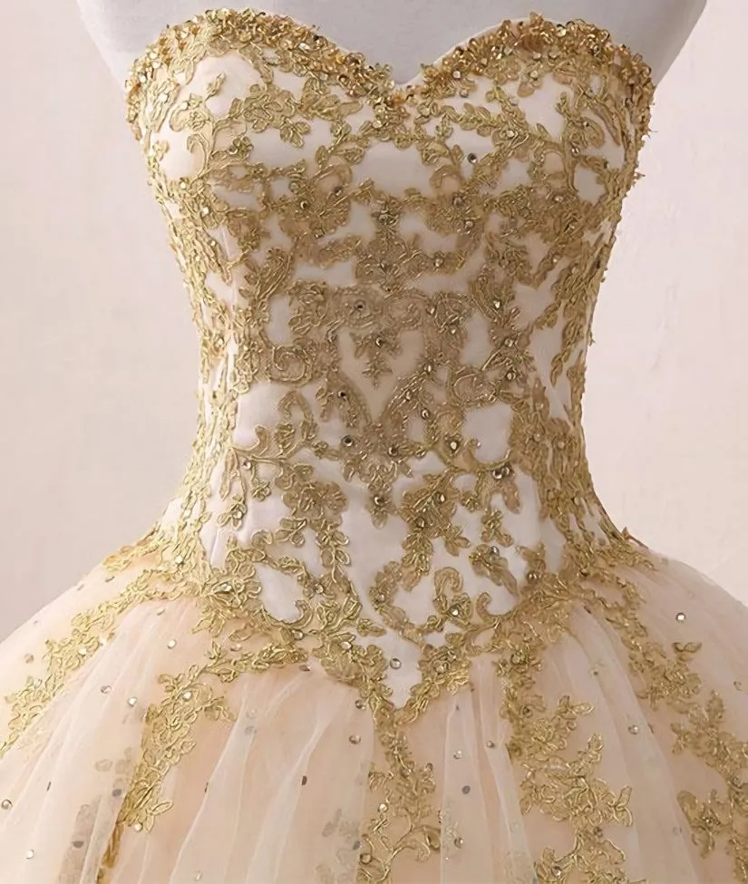 Light Champagne Ball Gown Party Dress, Sweet 16 dress with Gold Applique