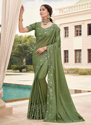 Light Green Embroidered Designer Silk Saree