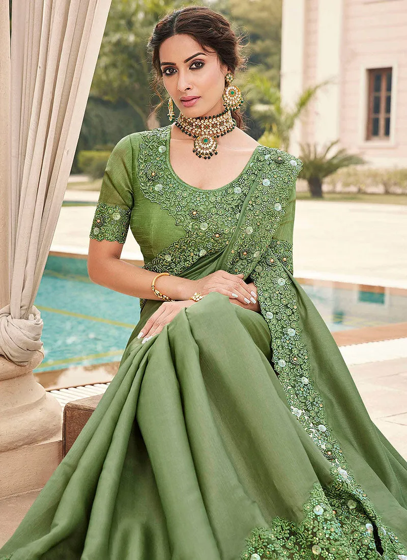 Light Green Embroidered Designer Silk Saree