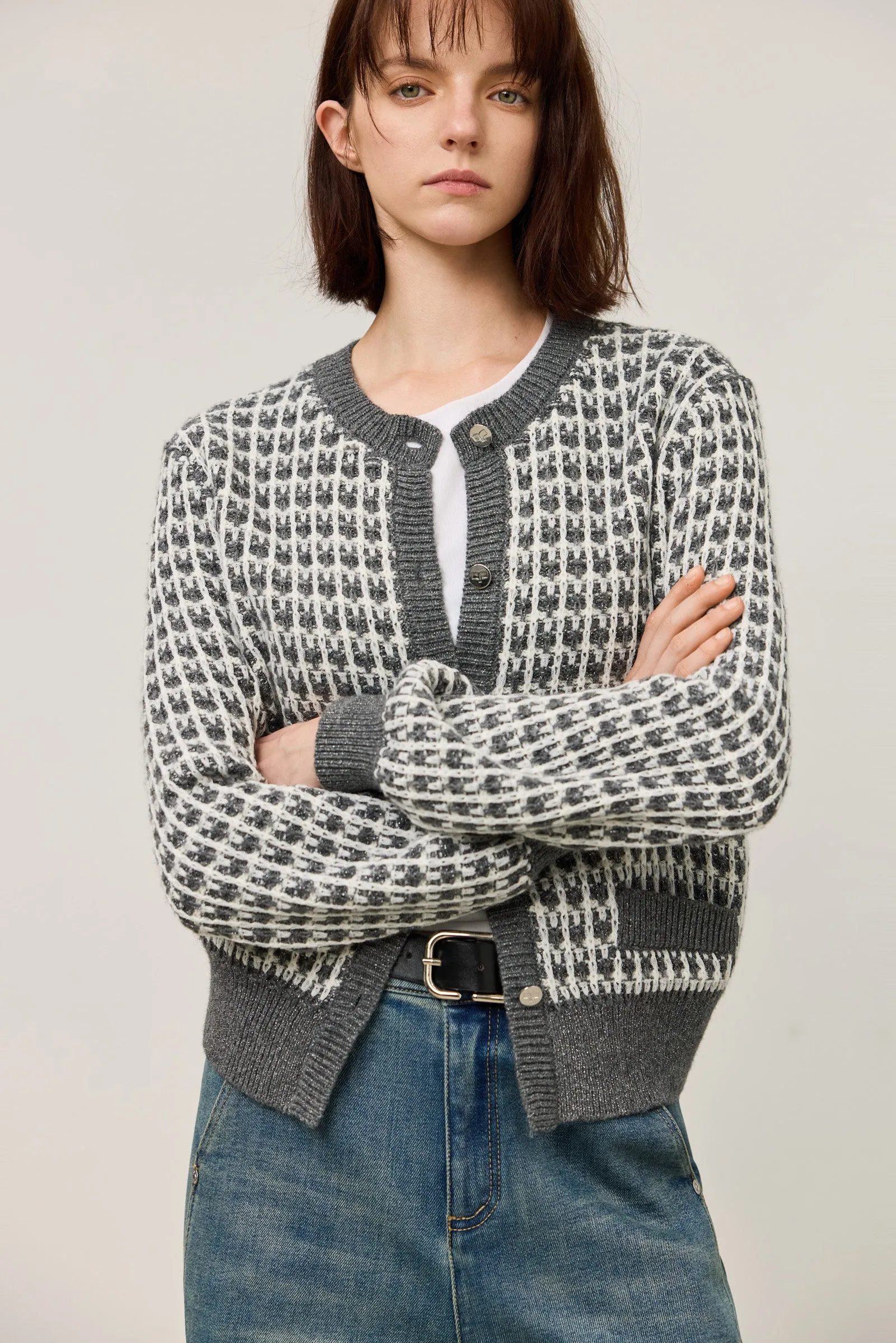 LILY Gray-Tone Plaid Crewneck Knit Cardigan