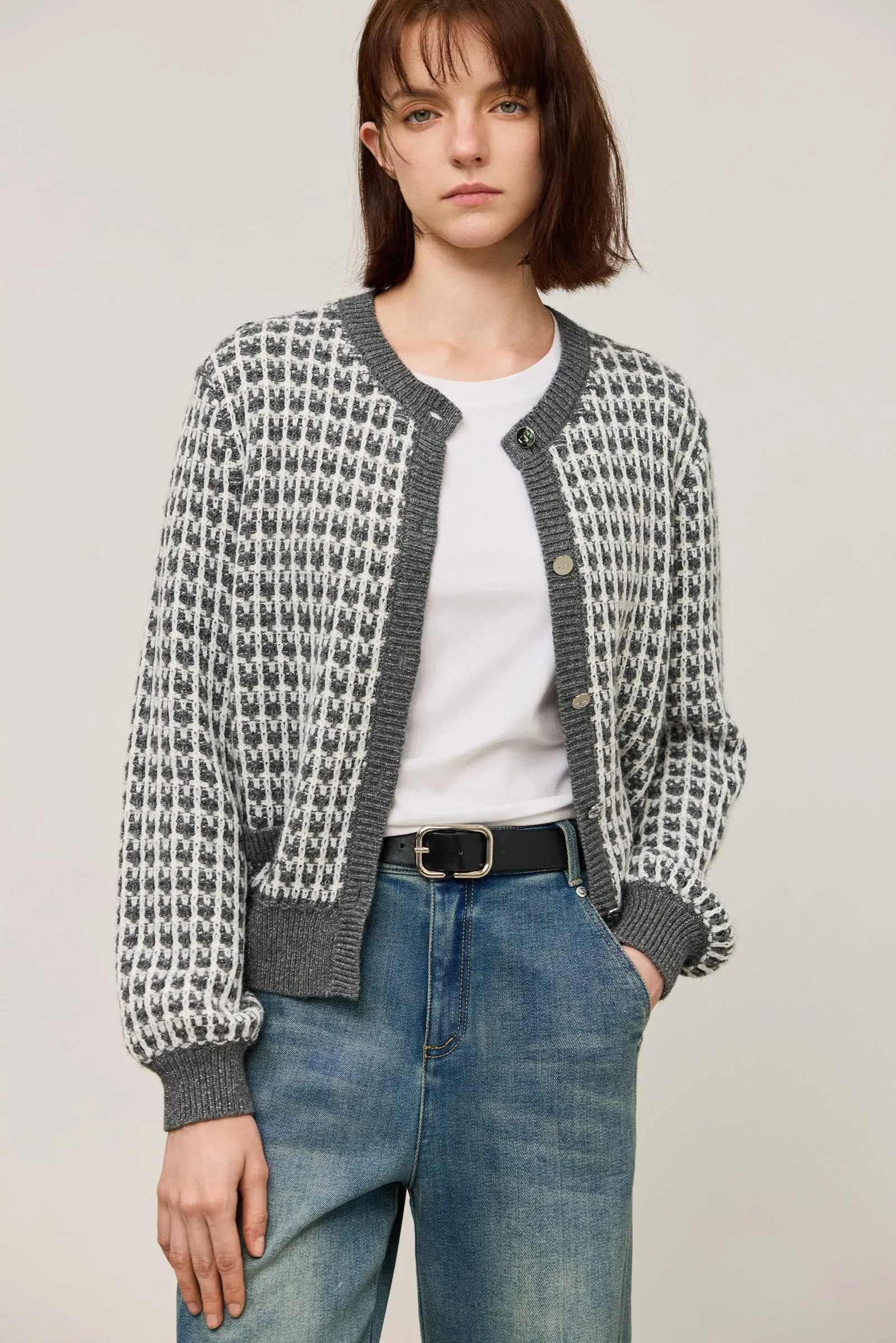 LILY Gray-Tone Plaid Crewneck Knit Cardigan