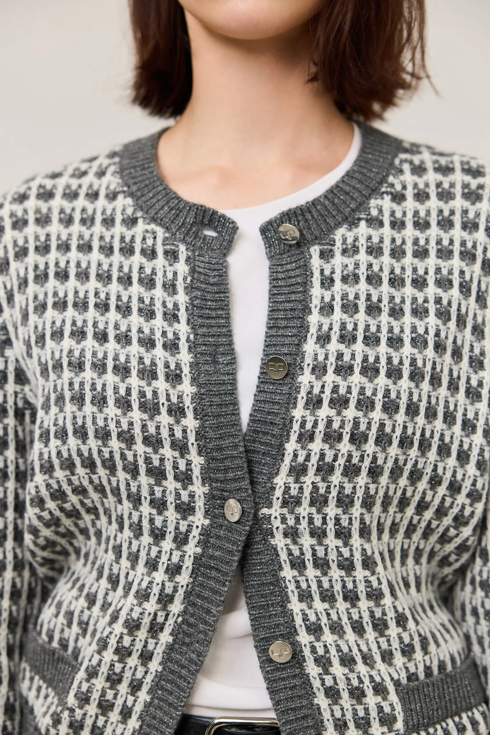 LILY Gray-Tone Plaid Crewneck Knit Cardigan