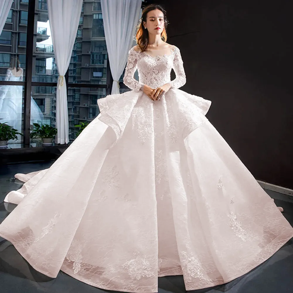 Long Sleeve Ball Gown Wedding Dress Lace Up Back Beading Vestidos De Novia