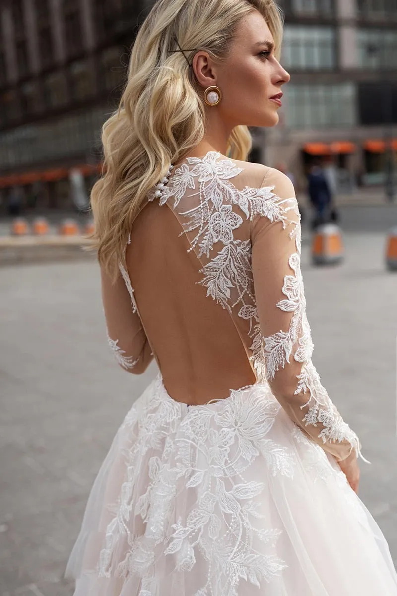 Long Sleeve Boho V Neck Ivory Bridal Dress