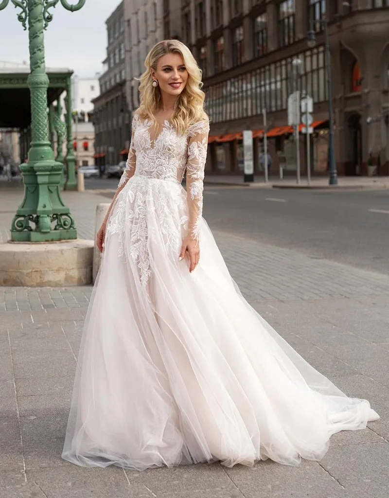 Long Sleeve Boho V Neck Ivory Bridal Dress