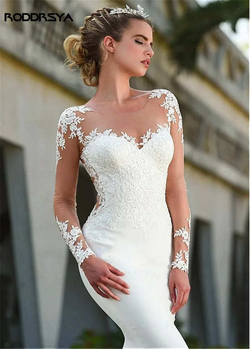 Long Sleeve Sheer Lace Appliques Mermaid Wedding Dresses Bridal Gowns See Through Back With Buttons