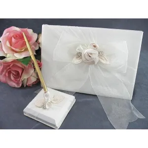 Luxe Satin Rose and Rhinestone Wedding Guestbook and Pen Set