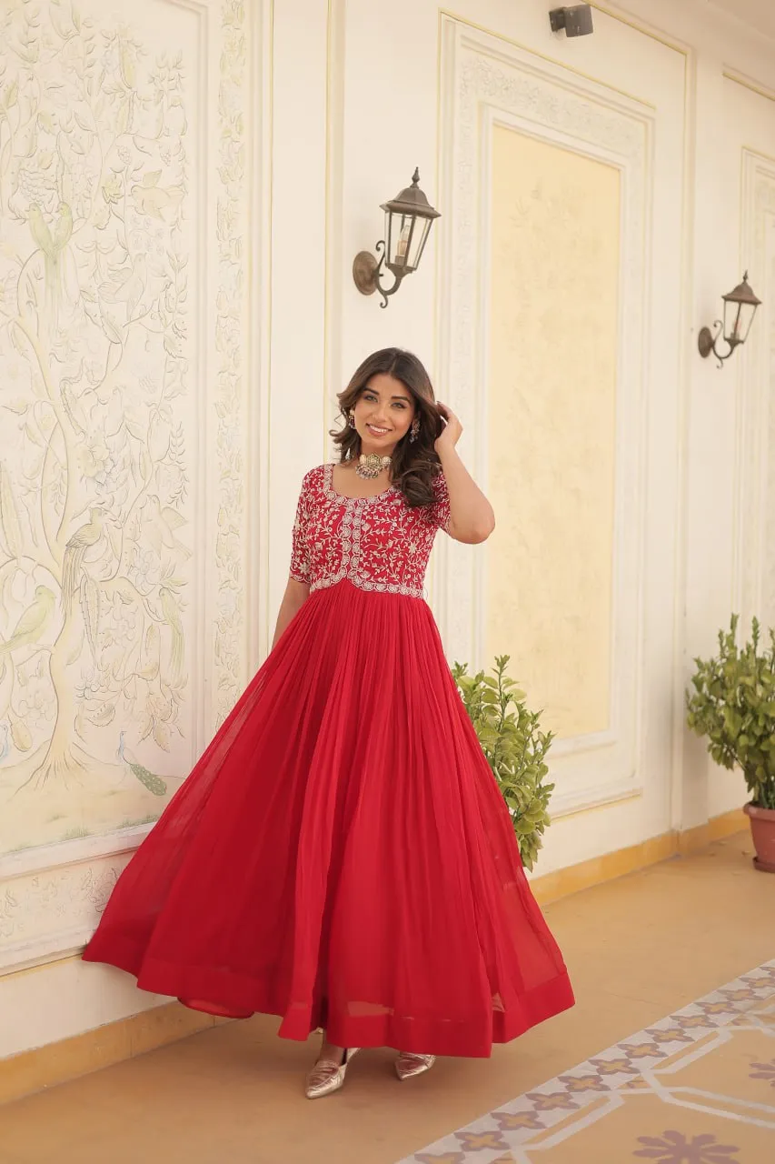 Luxurious Zari-Embroidered Red Gown for Discerning Women