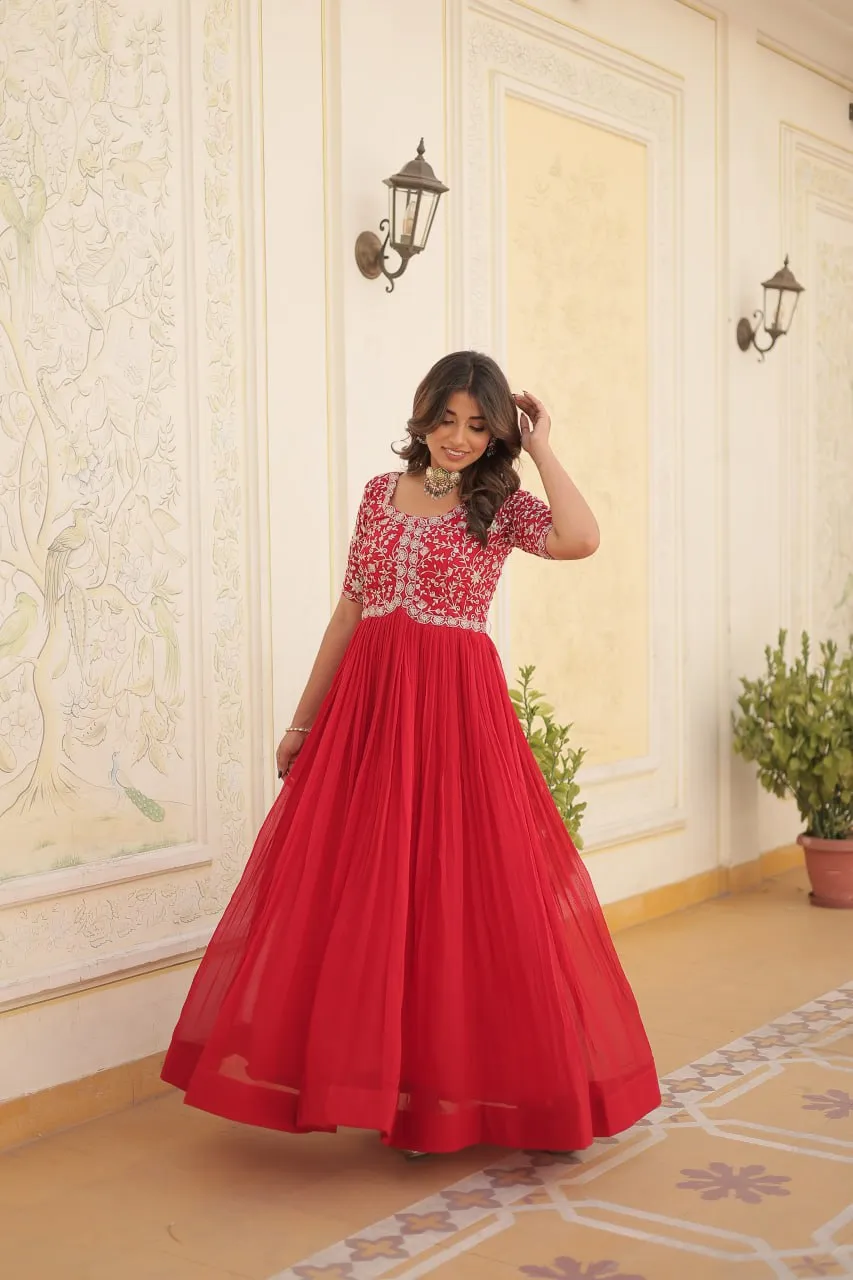 Luxurious Zari-Embroidered Red Gown for Discerning Women