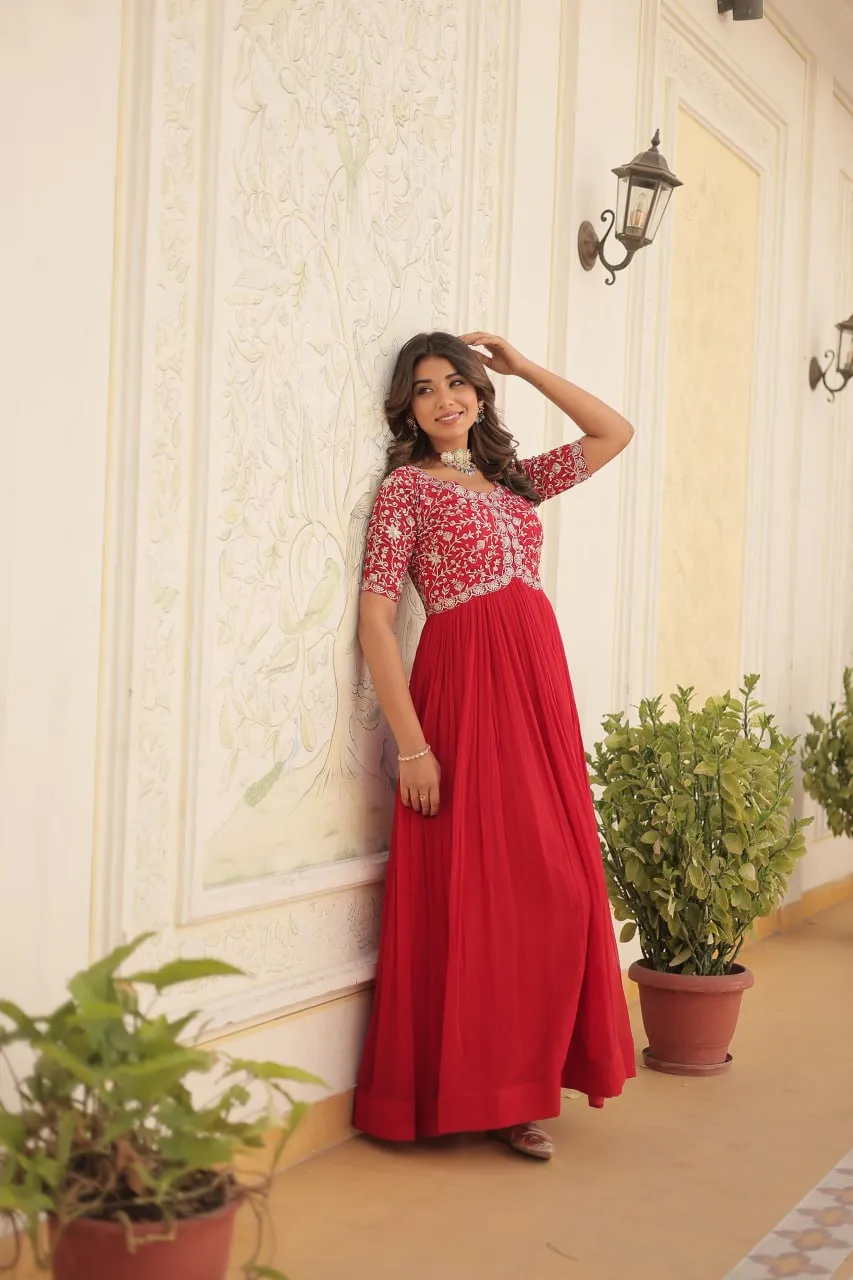 Luxurious Zari-Embroidered Red Gown for Discerning Women