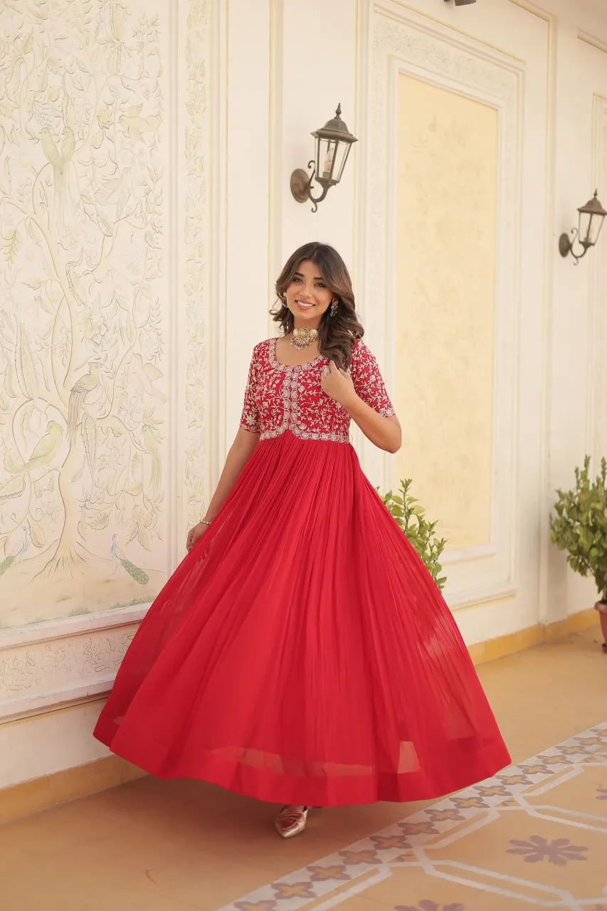 Luxurious Zari-Embroidered Red Gown for Discerning Women